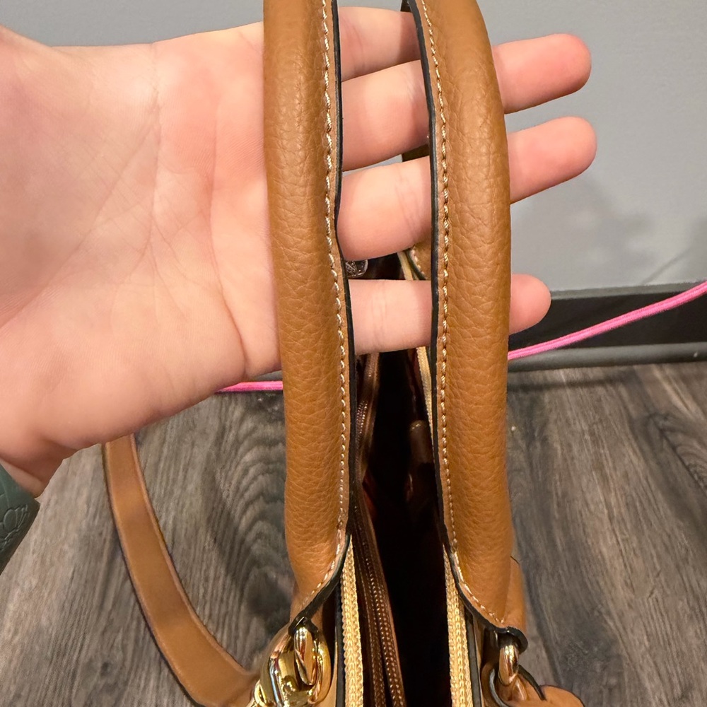 Tignanello Pink and Tan Colorblock Satchel with Gold Hardware - Picture 12 of 14
